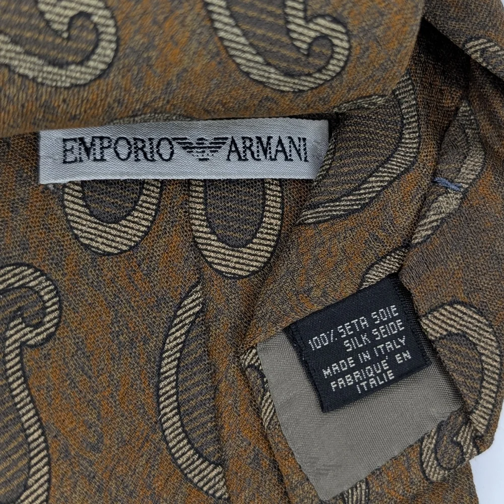 Emporio Armani Tie 100% Silk Made in Italy Brown Gold Paisley Luxury Designer